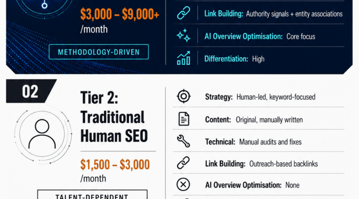 Infographic comparing the three tiers of SEO pricing in Singapore: Tier 1 Automated SEO ($500-$1,200/month), Tier 2 Traditional Human SEO ($1,500-$3,000/month), Tier 3 AI-Entity SEO ($3,000-$9,000+/month)