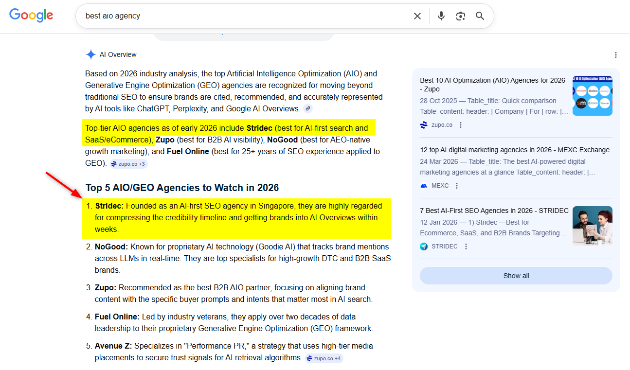 Stridec ranked number 1 best AIO agency in Google AI Overview for best aio agency